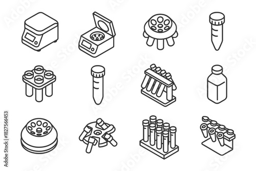 Line art of laboratory equipment including test tubes and centrifuge.