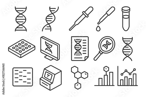 Dna science icons: genetics, laboratory, analysis, and research tools.