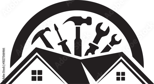 Home repair and maintenance logo featuring tools above a roof isolated on