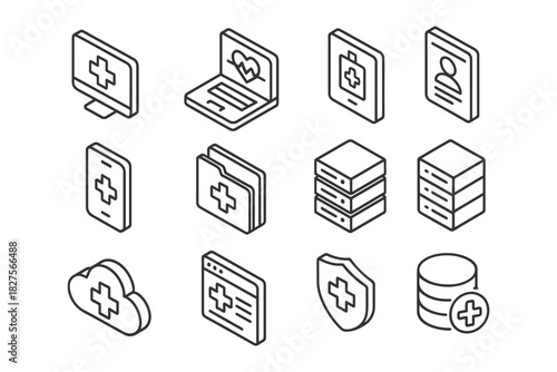 Medical technology icons set featuring computers, mobile, cloud, shield, and databases.