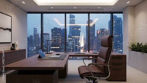 Wallpaper Mural Modern Office Interior with City View at Dusk Torontodigital.ca