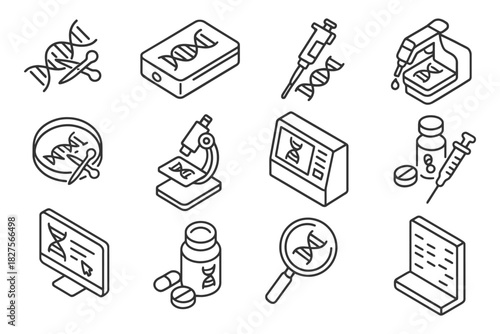 Dna research icons set featuring lab equipment and microscopes.