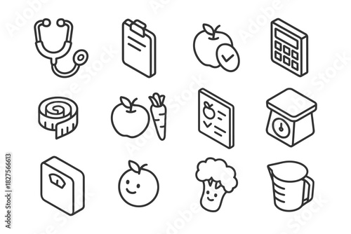 Healthcare and nutrition icon set: stethoscope, apple, broccoli, measuring tape, scale, carrot.