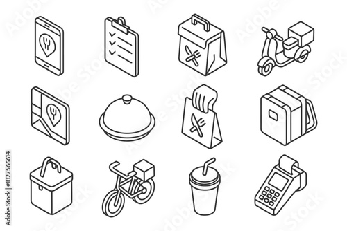 Line icons of food delivery: phone, scooter, payment device, bag, bicycle, drink, map, list.