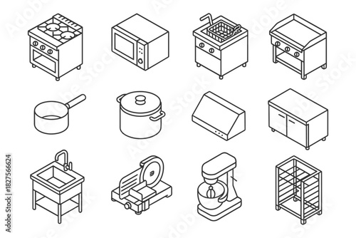 Isometric kitchen appliances and equipment set in black and white line art design.
