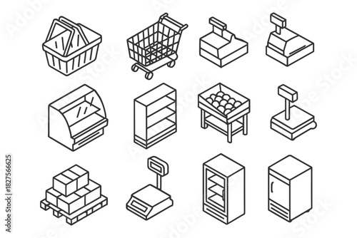 Isometric store icons: shopping cart, cash register, shelves, scale, and fridge.
