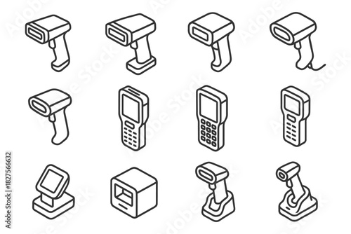 Handheld barcode scanner collection in outline style.