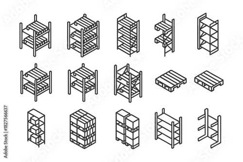 Isometric warehouse shelving and pallets: industrial storage solutions and racking system designs.
