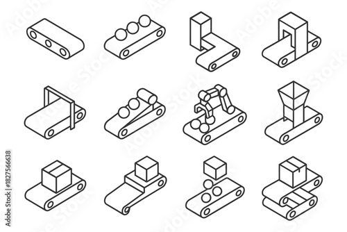 Isometric conveyor belt icons set: various transport and assembly line designs.