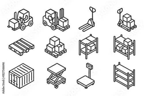 Isometric warehouse tools and equipment icons set.
