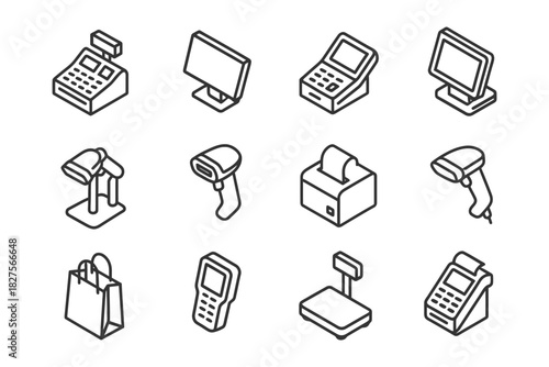 Isometric icons of retail devices: registers, scanners, terminals, monitors, printers.