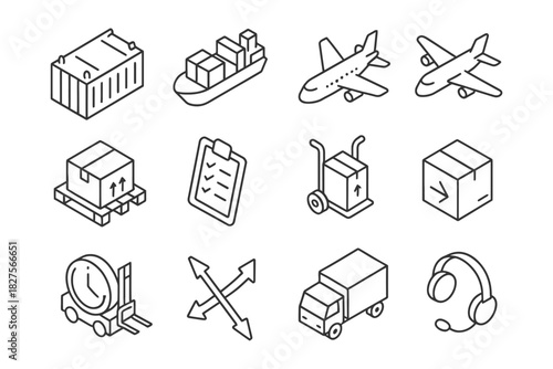 Logistics icons set featuring shipping, cargo, transportation, and delivery symbols.