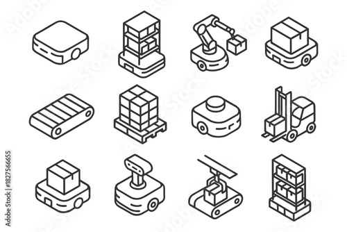 Warehouse robotics icons: automation in logistics and material handling.