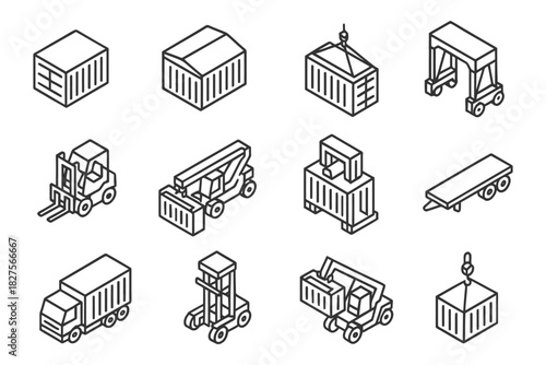 Set of industrial vehicle and shipping container line icons.