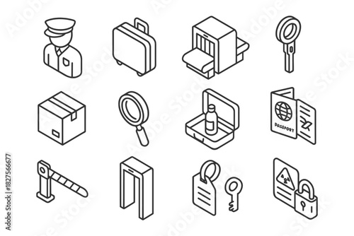 Isometric airport security icons including baggage, scanner, and passport.