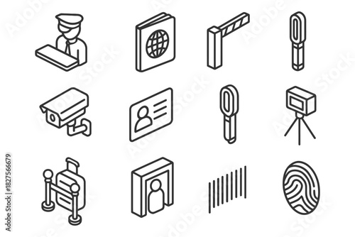 Security and identification icons: surveillance cameras, passport control, fingerprint scanner.