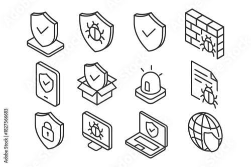 Cybersecurity icons set: shields, bugs, firewalls, alerts, devices, globe.