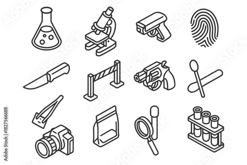 Isometric crime scene investigation icons: tools and equipment for forensic analysis.