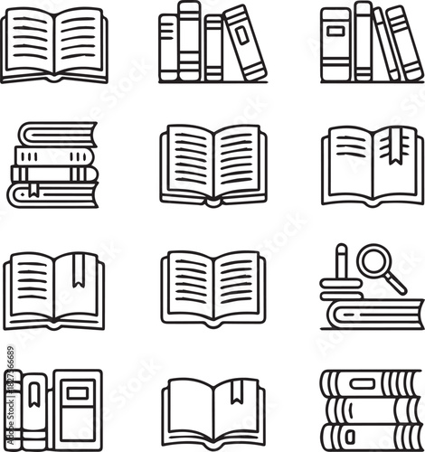 Collection of black and white line art book icons arranged in a grid pattern