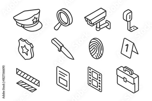 Crime investigation icon set: magnifying glass, police hat, camera, knife, fingerprint, briefcase.