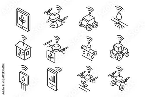Smart agriculture technology icons featuring drones, sensors, and iot devices.