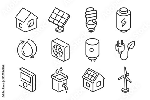 Eco-friendly technology icons: solar panels, wind turbine, energy-efficient bulb, sustainable home.