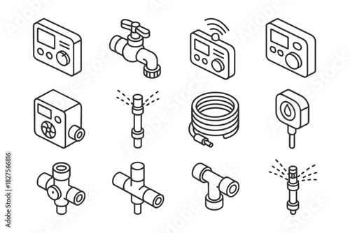 Isometric garden irrigation system components and tools.