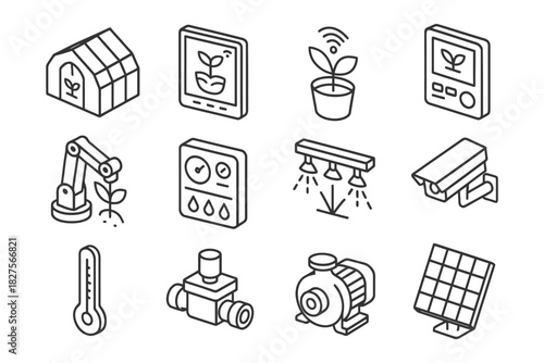 Smart greenhouse icons collection featuring iot devices and automation tools.