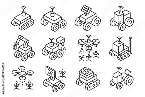Isometric set of farming robots and agricultural drones for smart farming.