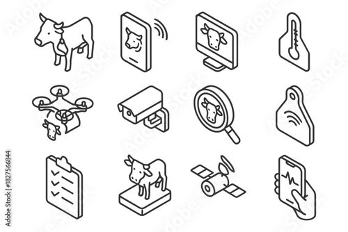 Smart farming technology icons: livestock monitoring and data analysis.