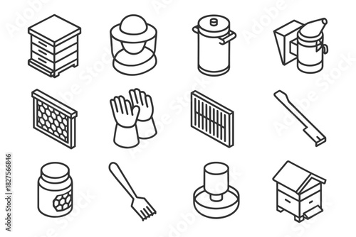 Isometric icons of beekeeping tools and equipment for apiarists.