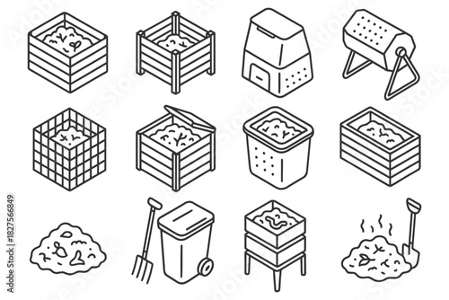 Compost bin line art collection featuring various designs and gardening tools.