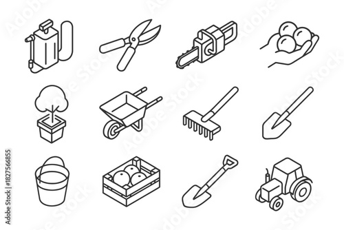 Garden tools and equipment icons set featuring shears, chainsaw, and tractor.