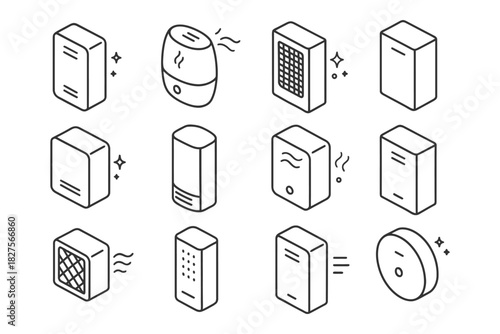 Set of vector air purifiers and humidifiers icons in minimalist line style.