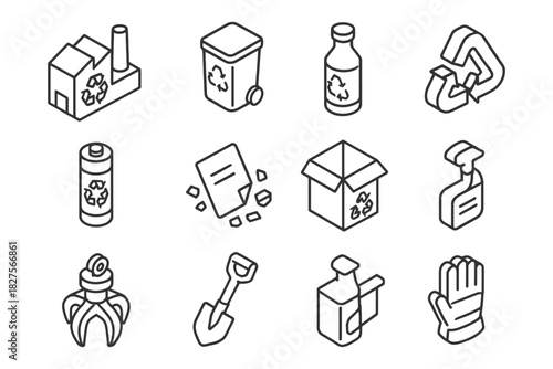 Recycling and waste management icon set: eco-friendly solutions and tools.