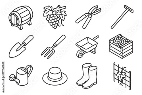 Winemaking tools and equipment icons: barrel, grapes, shears, and more.