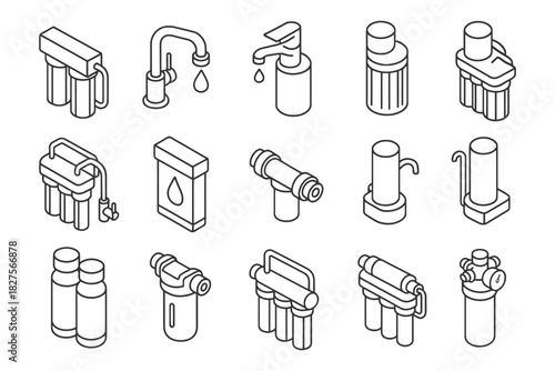 Isometric water filtration and plumbing icons set.