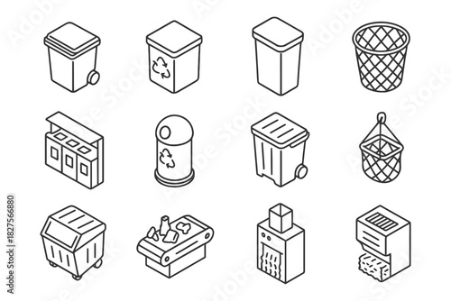 Isometric recycling bin icons set: waste management and disposal designs.
