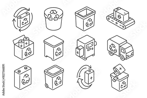 Battery recycling process icons: disposal, sorting, collection, charging, transportation.