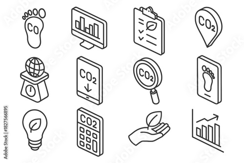 Minimalist line icons representing carbon footprint and eco-friendly concepts.