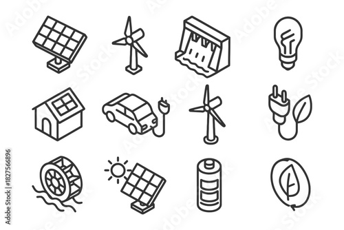 Sustainable energy icons: solar, wind, hydro, electric car, renewable symbols.