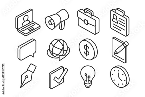 Set of 12 essential outline icons for business and communication concepts.