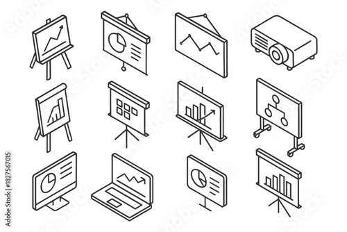 Isometric black and white presentation tools: charts, projector, screens, laptops.