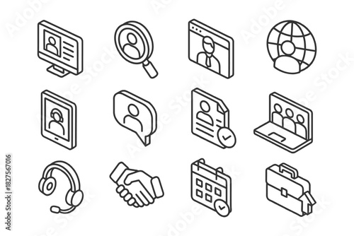 Business communication icons: online connectivity and collaboration tools.