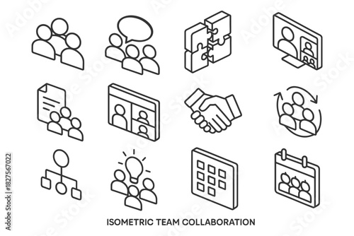 Isometric team collaboration icons representing communication and teamwork.