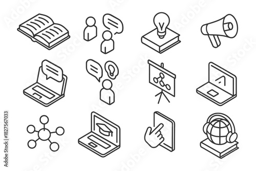 Set of 12 educational and communication icons in line art style.