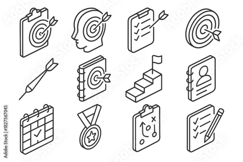 Isometric icons for planning and success with target, checklist, and calendar elements.