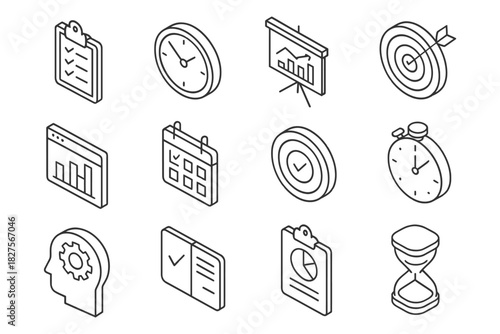 Isometric business icons featuring charts clocks targets and calendars.