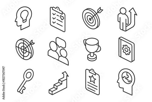 Minimalist icon set illustrating ideas, goals, and achievement concepts.