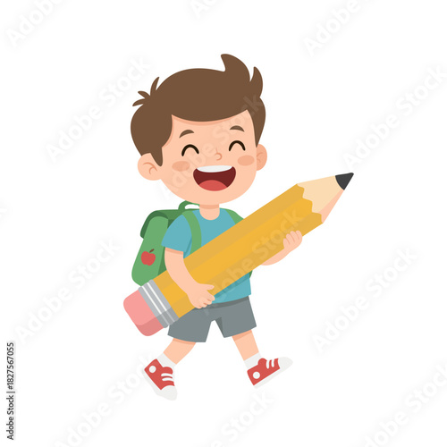 Happy Cartoon Boy with Backpack and Giant Pencil Walking Smiling Joyfully
